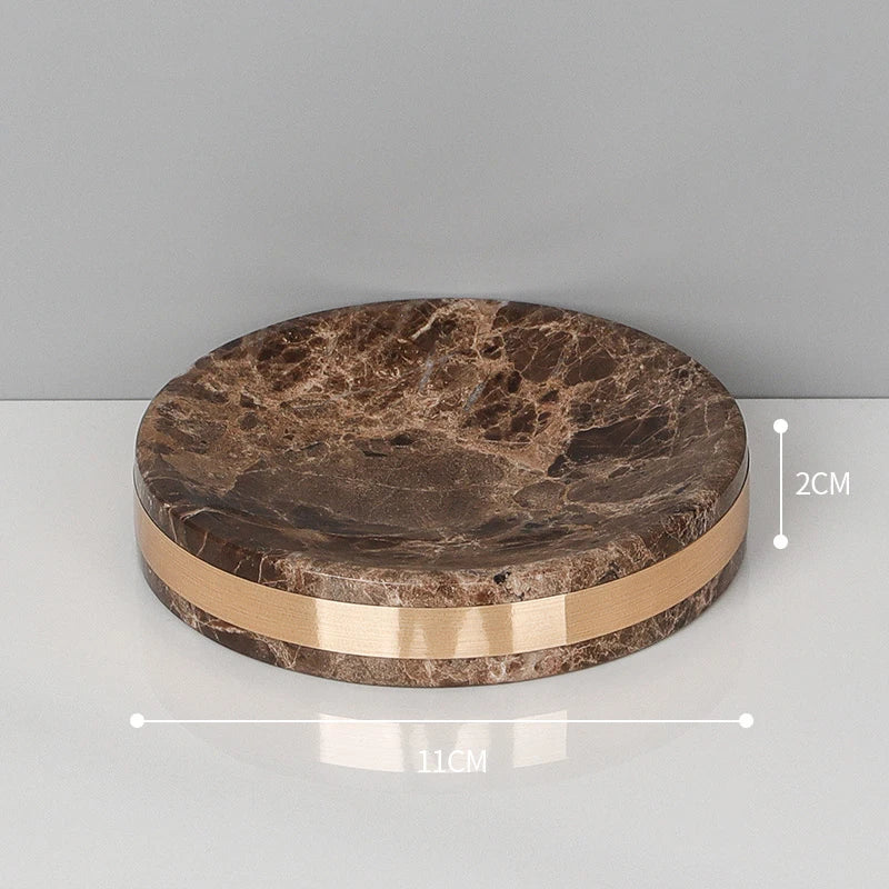 ensemble salle bain marbre moderne marron doré distributeur savon tasse brosse dents adhésif