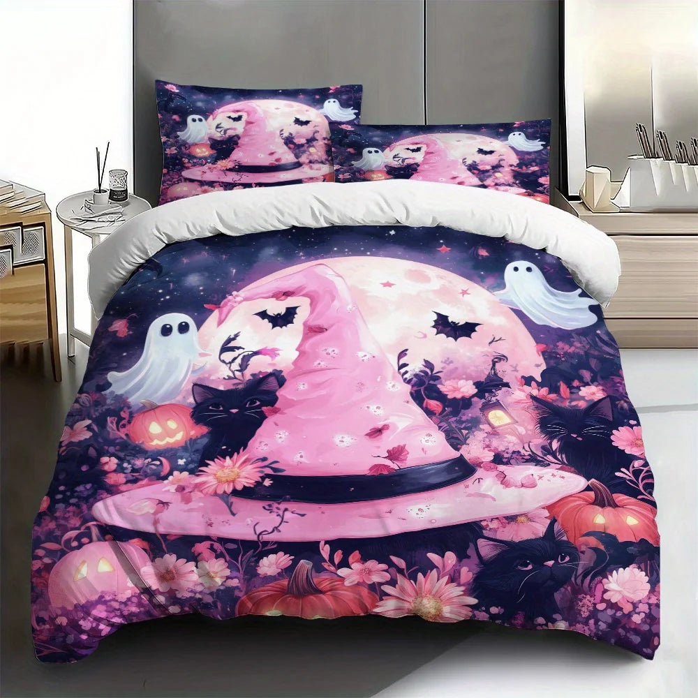 housse couette impression 3d fantaisie halloween rose noire blanc fantômes chauves souris citrouilles