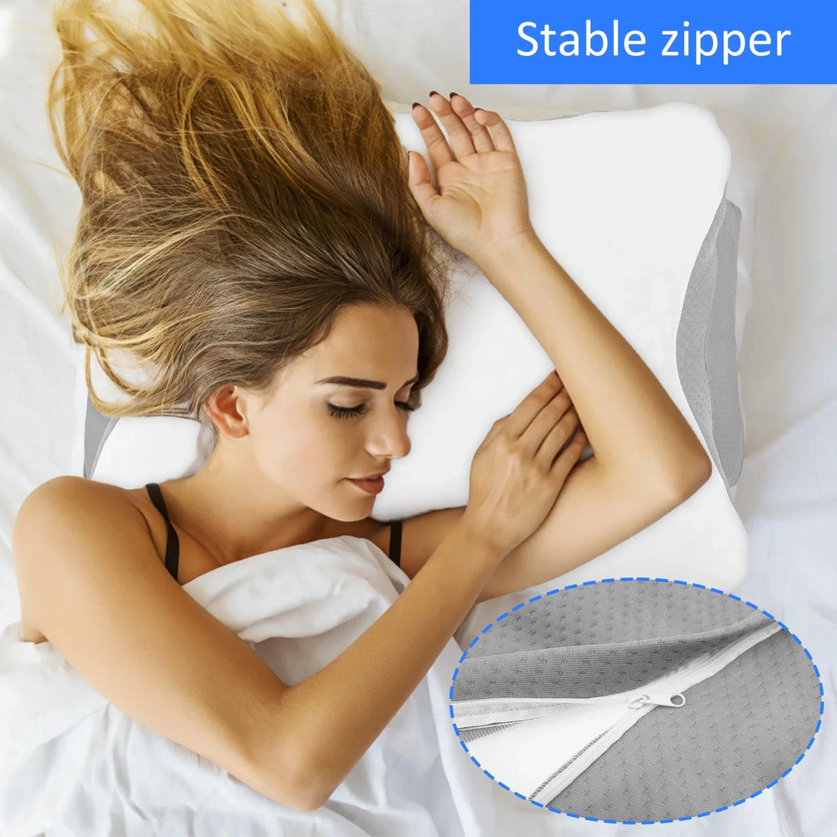 taie d'oreiller mousse mémoire forme papillon ergonomique cou blanc motif géométrique contemporain zip lisse