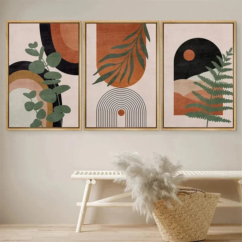 tableau abstrait géométrique feuilles contemporain minimaliste beige noir vert orange marron opacité 30x40cm 50x70cm
