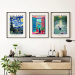 affiches art classique peintures célèbres nuit étoilée fenêtre ouverte nénuphars bleu jaune vert noir