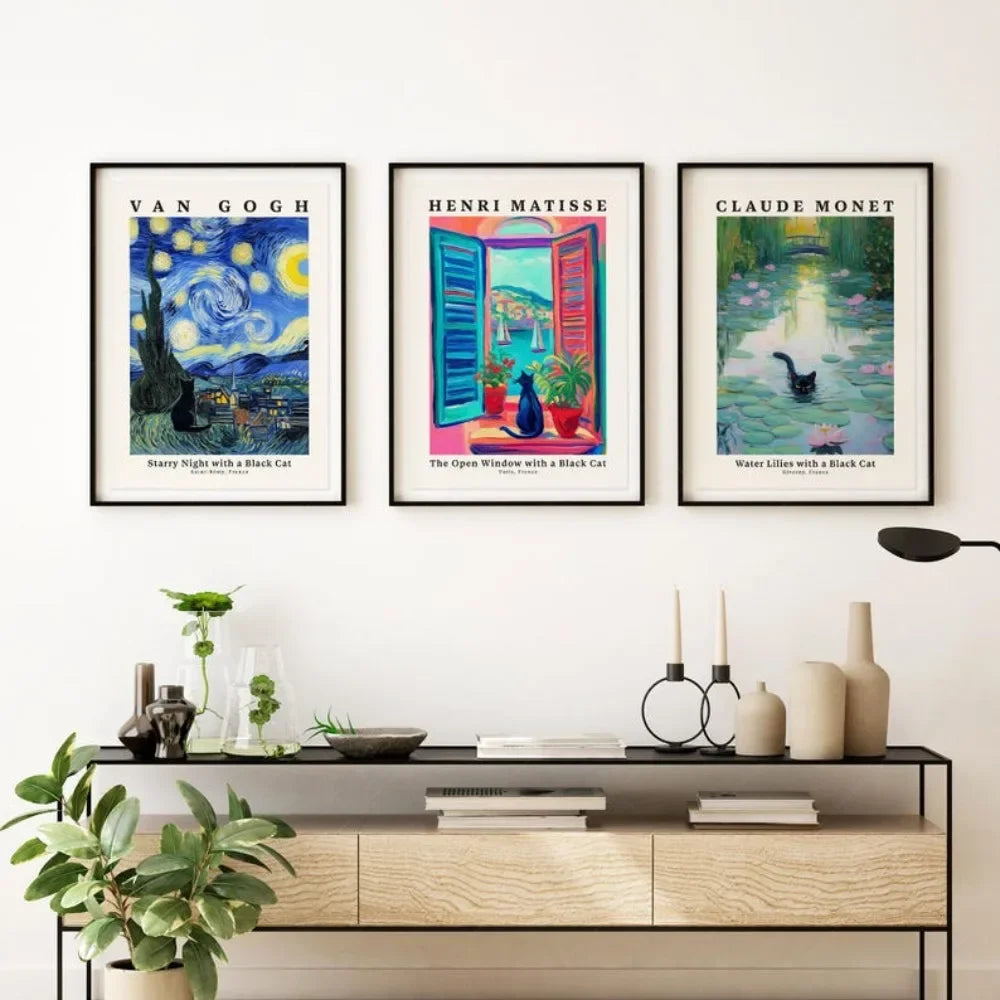 affiches art classique peintures célèbres nuit étoilée fenêtre ouverte nénuphars bleu jaune vert noir