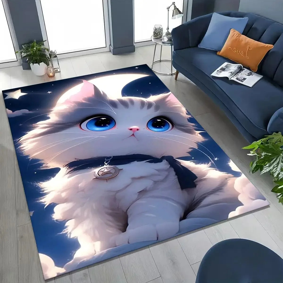 tapis salon moderne motif chat blanc mignon peluche doux décoration chambre bébé enfant maison