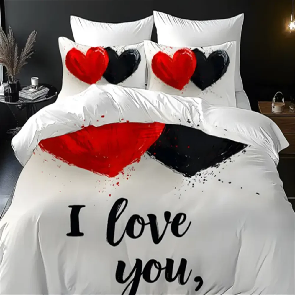 ensemble literie moderne coeurs peints main love you blanc rouge noir polyester