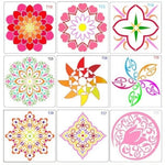 stencils mandala motifs floraux géométriques abstraits peinture mur carreaux bois tissu blanc bleu multicolore