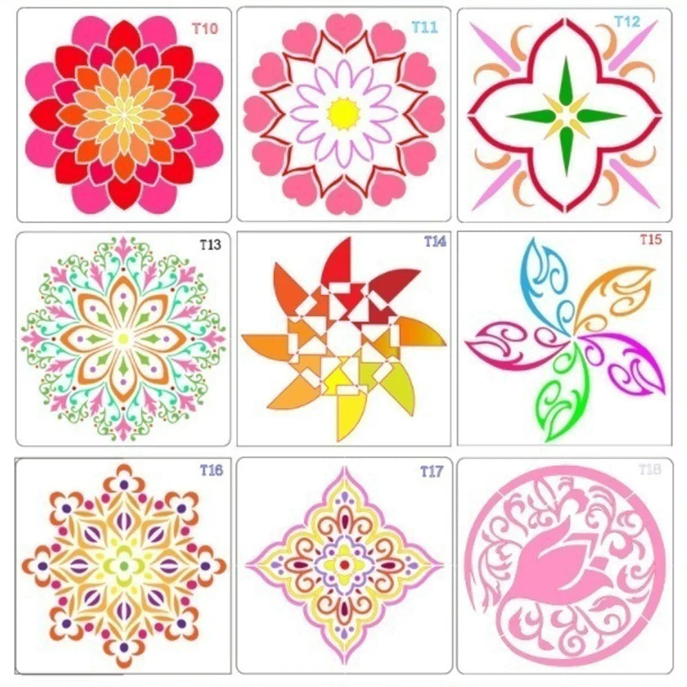 stencils mandala motifs floraux géométriques abstraits peinture mur carreaux bois tissu blanc bleu multicolore