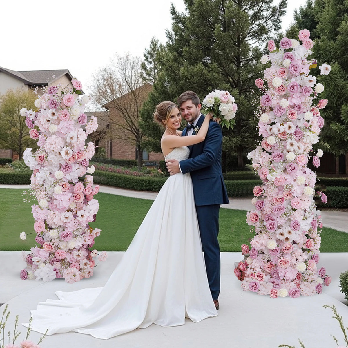 arche fleurs artificielles roses blanches lilas hortensias modernes élégantes extérieures mariage anniversaire fêtes