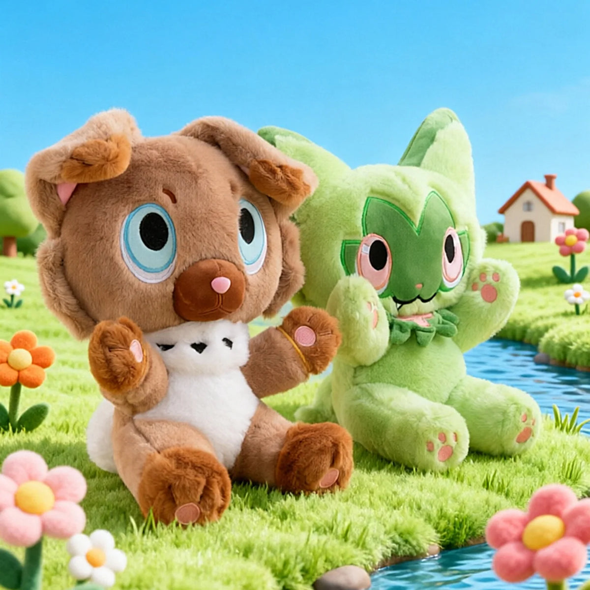 peluche rockruff marron vert 35cm coton pp douce yeux animés dessin animé mignon