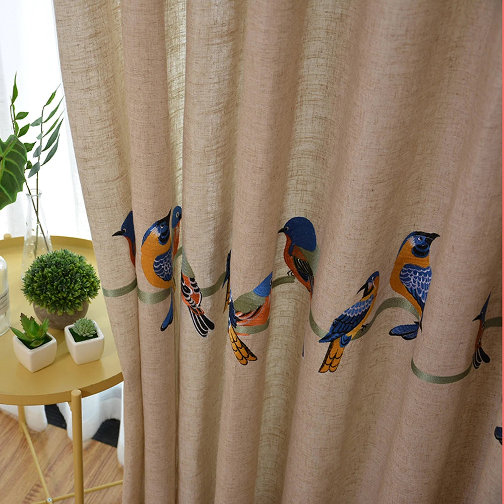 rideau tulle oiseaux brodés moderne chambre blanc beige translucent