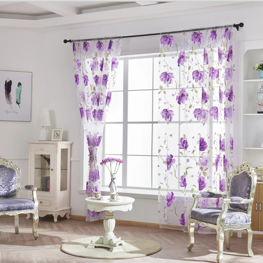 rideaux voilage floral motifs fleurs tulle polyester translucide métalliques rose noir ornemental chambre salon