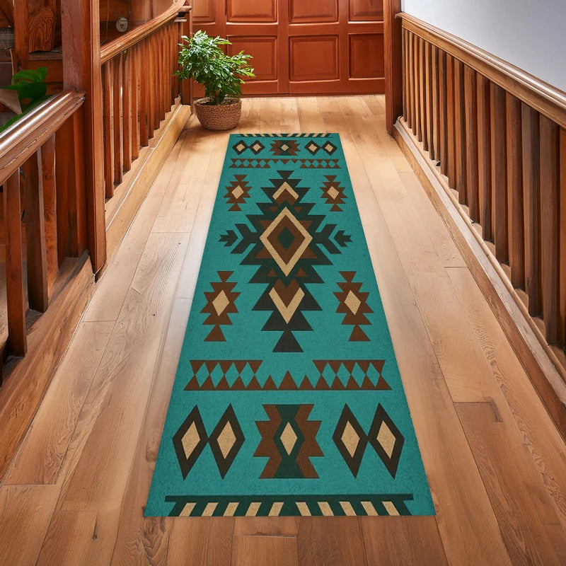 tapis géométrique tribal rouge beige turquoise noir salon moderne ethnique