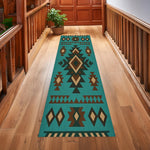 tapis géométrique tribal rouge beige turquoise noir salon moderne ethnique