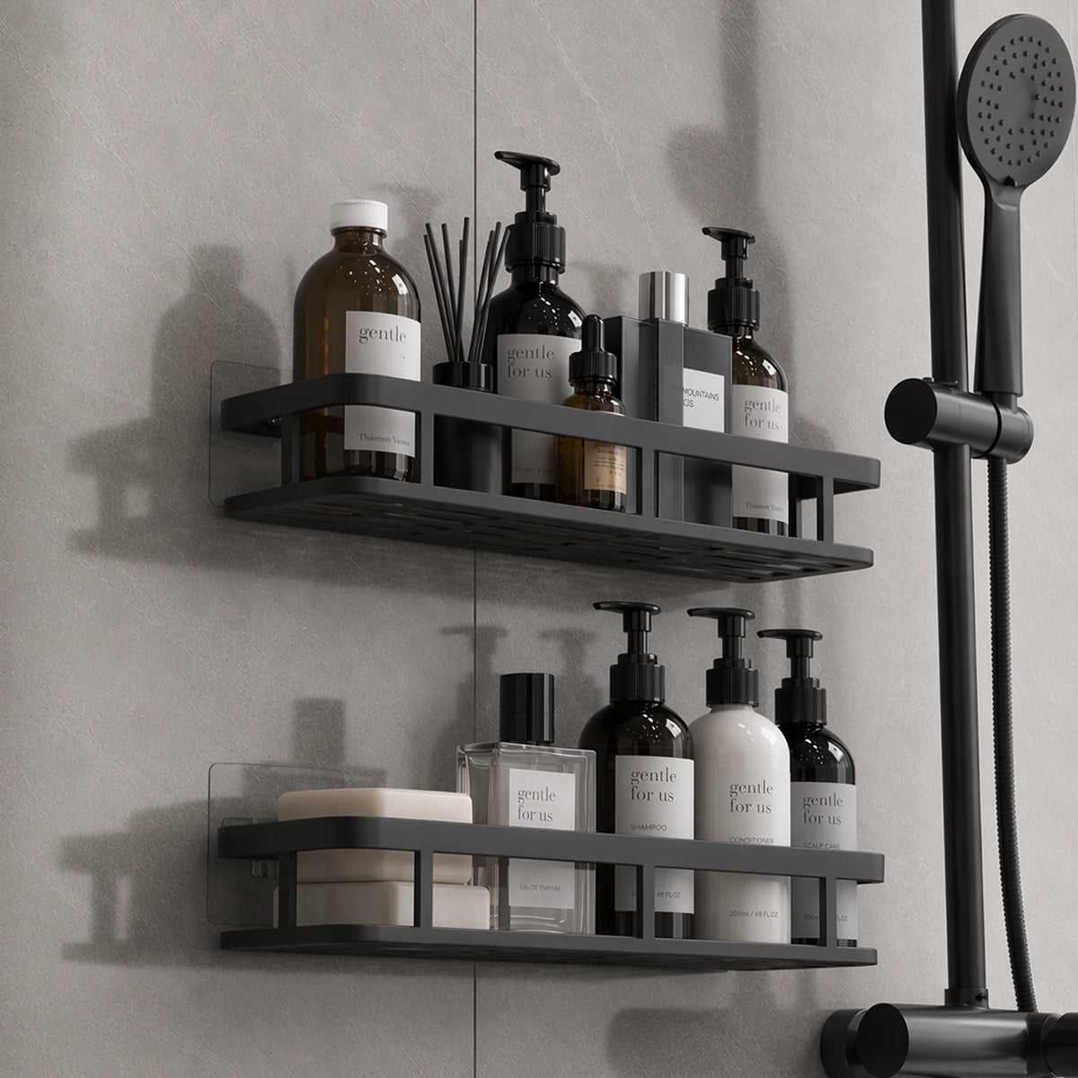 étagère rangement noir mat moderne double niveau adhésif sans perçage salle bain cuisine