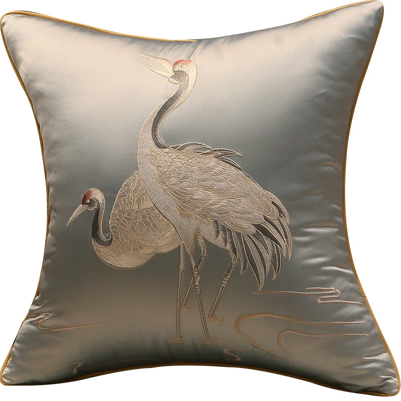 taies d'oreiller brodées oiseaux traditionnel bleu beige doré maison hospitalière imperméable respectueux environnement 45x45cm