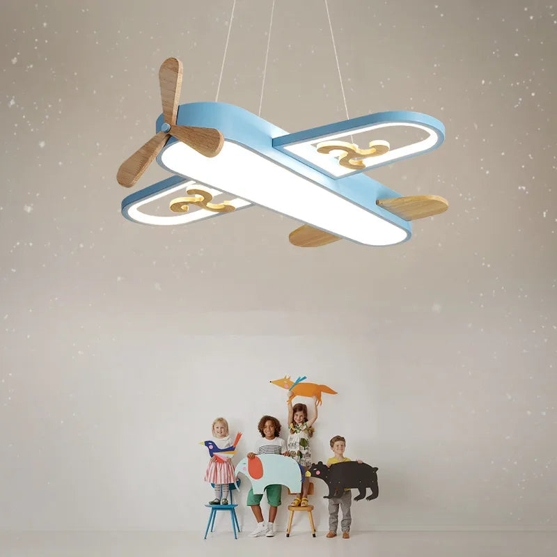 lampe suspendue avion forme bois bleu doré moderne chambre enfant interrupteur tactile
