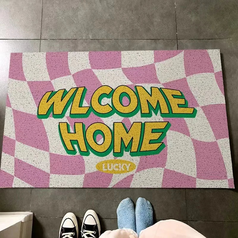 tapis d'entrée moderne carreaux noir blanc bienvenue vert lucky roseextérieur résistant