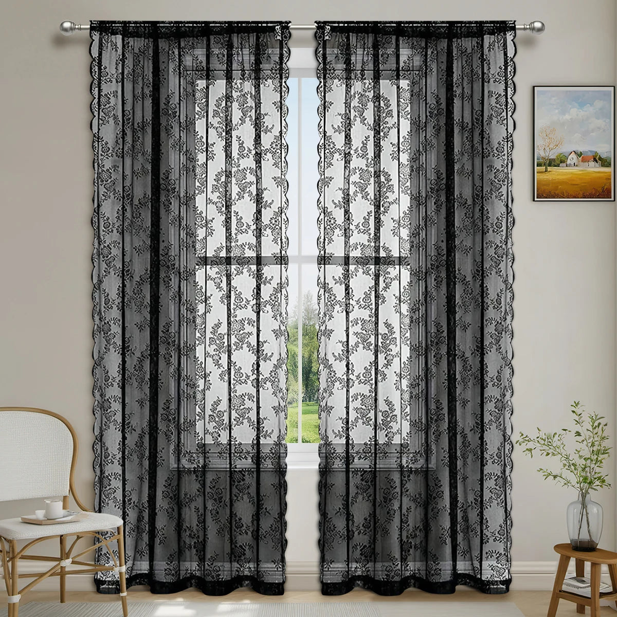 rideau dentelle noir motif floral transparent classique romantique salon chambre
