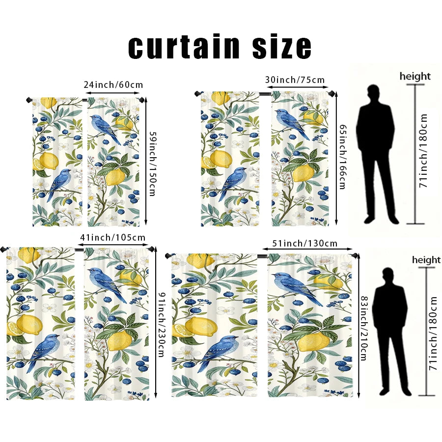 rideau floral citron baies oiseaux bleus blancs moderne polyester 60x150cm 75x166cm 105x230cm 130x210cm