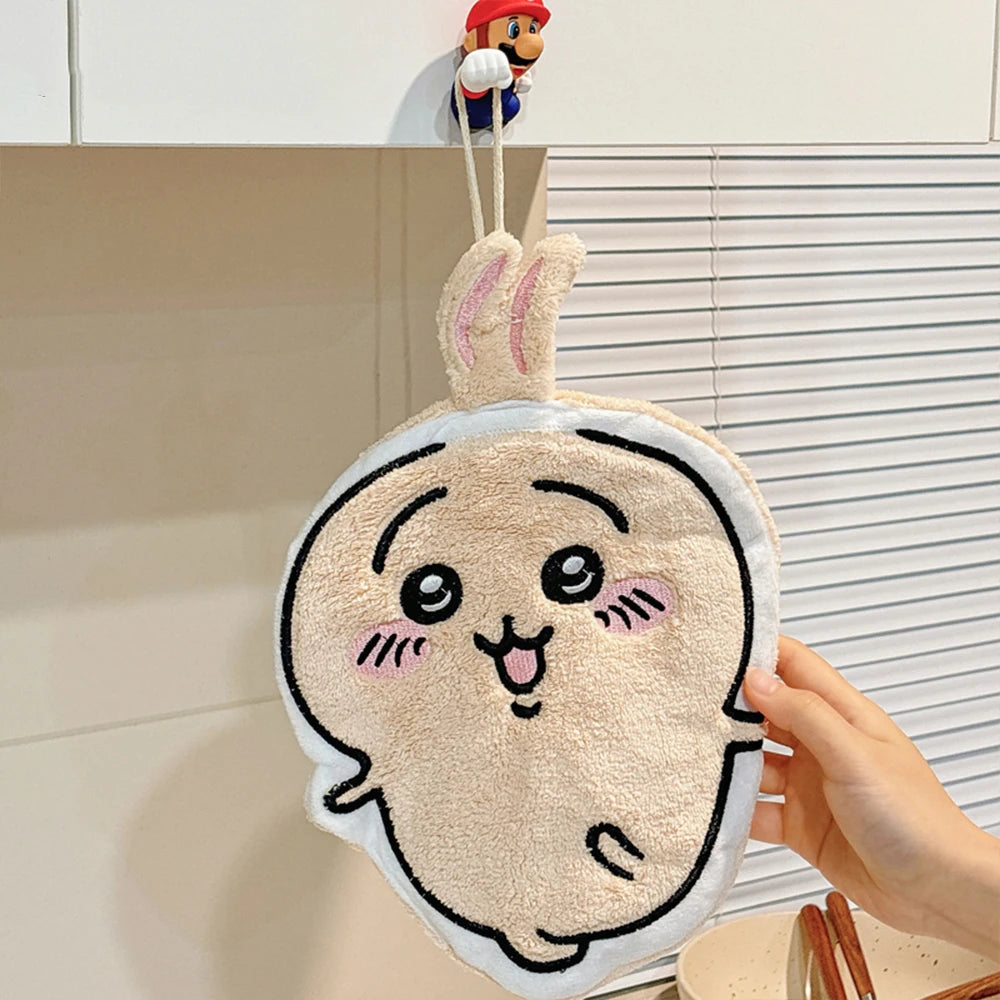 serviettes main décoratives kawaii blanc beige bleu personnage souriant oreilles lapin