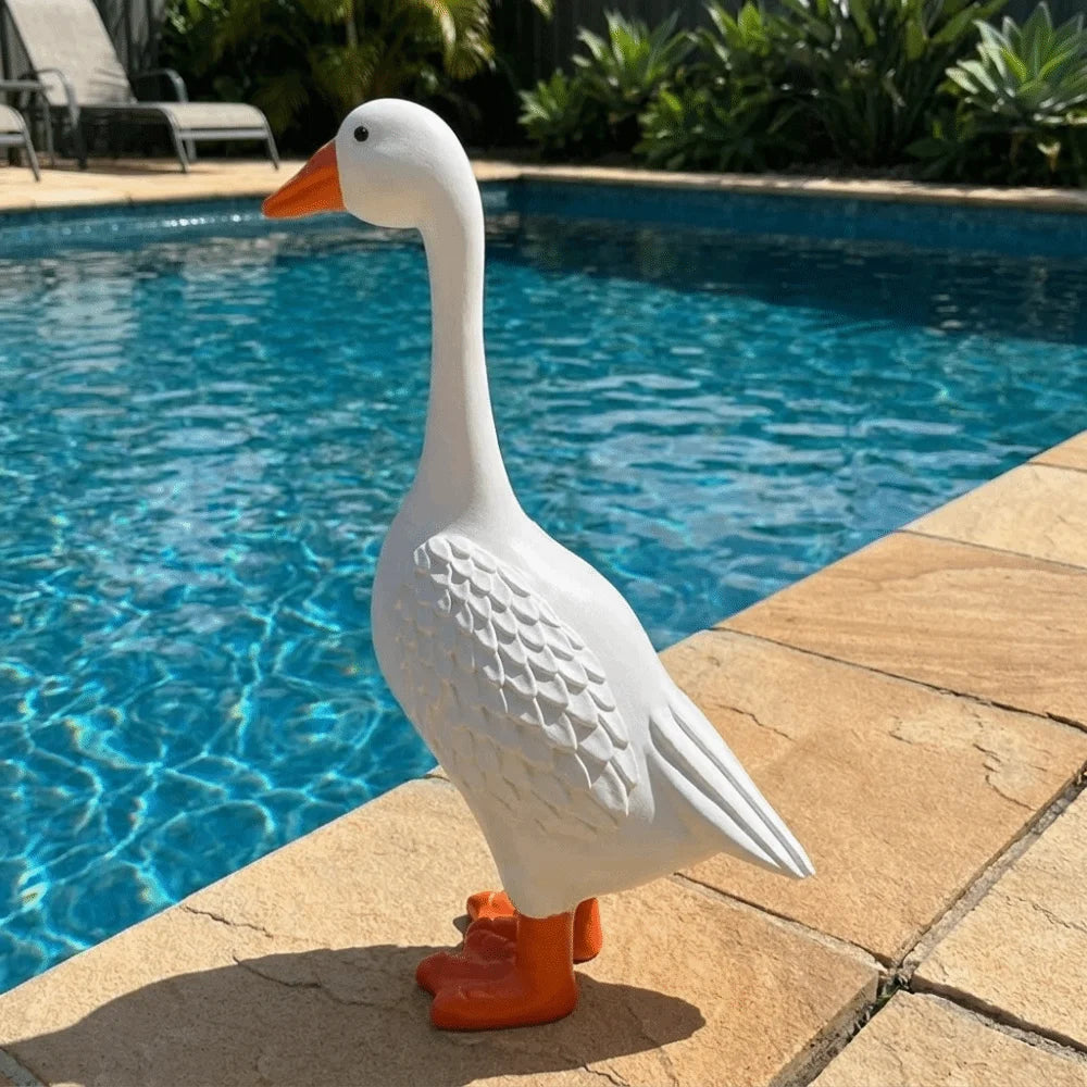 statue canard blanc plumes texture lisse tête bec orange moderne intérieur extérieur jardin