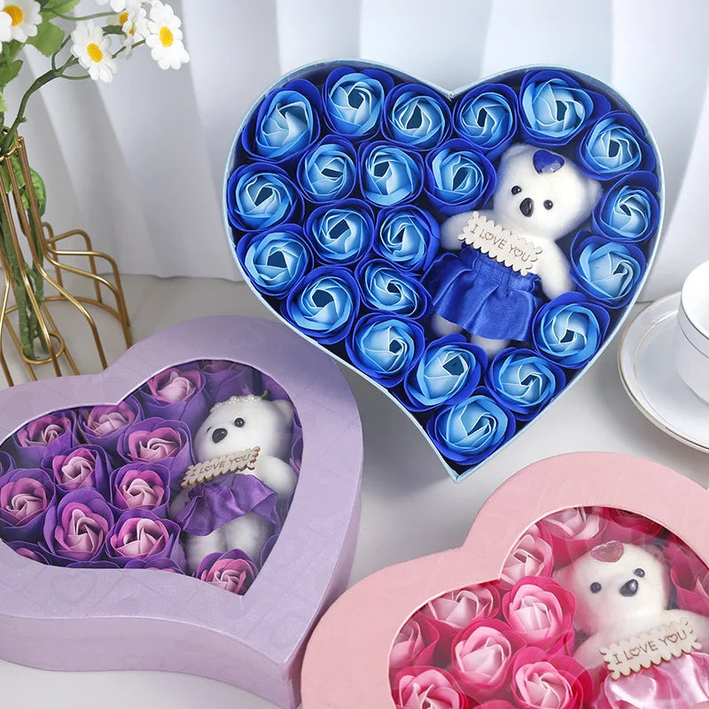 bouquet roses artificielles coeur peluche ours pendentif cadeau saint valentin décoration romantique fleurs