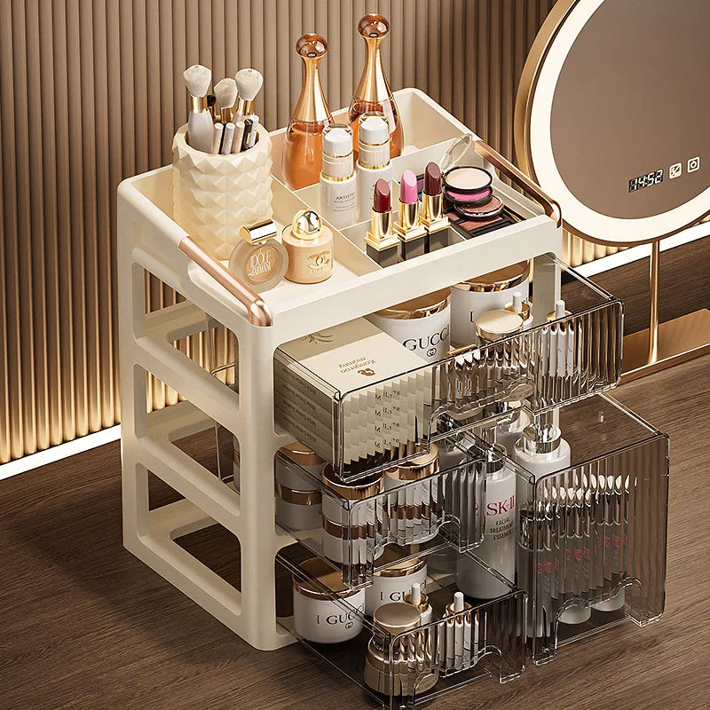 boîtes rangement cosmétiques moderne pliables beige clair poignées dorées étiquettes produits