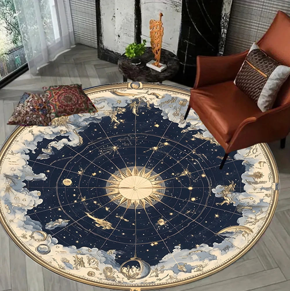 tapis rond céleste étoiles planètes bleu marine doré moderne salon chambre vintage decoration