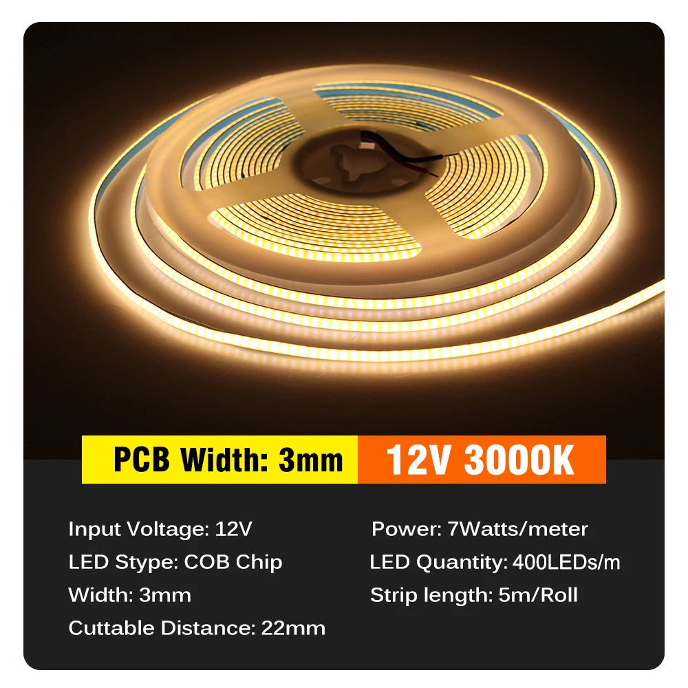 ruban led cob blanc 3mm 5mm 12v 24v lisse moderne connecteurs 5mètres rouleau