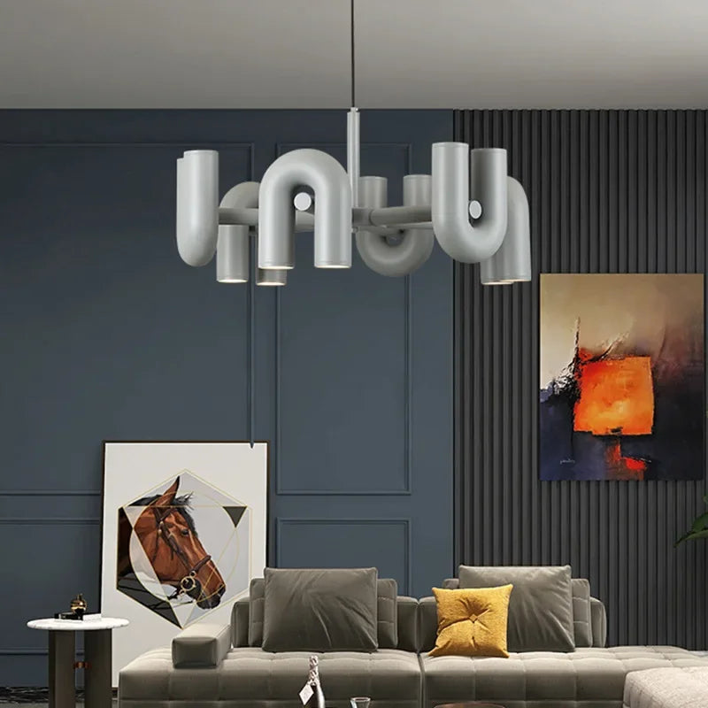 Suspension lumineuse moderne tubulaire contemporaine gris noir rouge ampoules intégrées