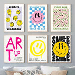 affiche pop art smiley géométrique moderne sans cadre couleur jaune rose bleu verte chambre