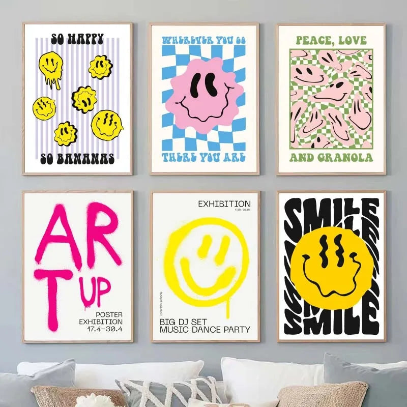 affiche pop art smiley géométrique moderne sans cadre couleur jaune rose bleu verte chambre