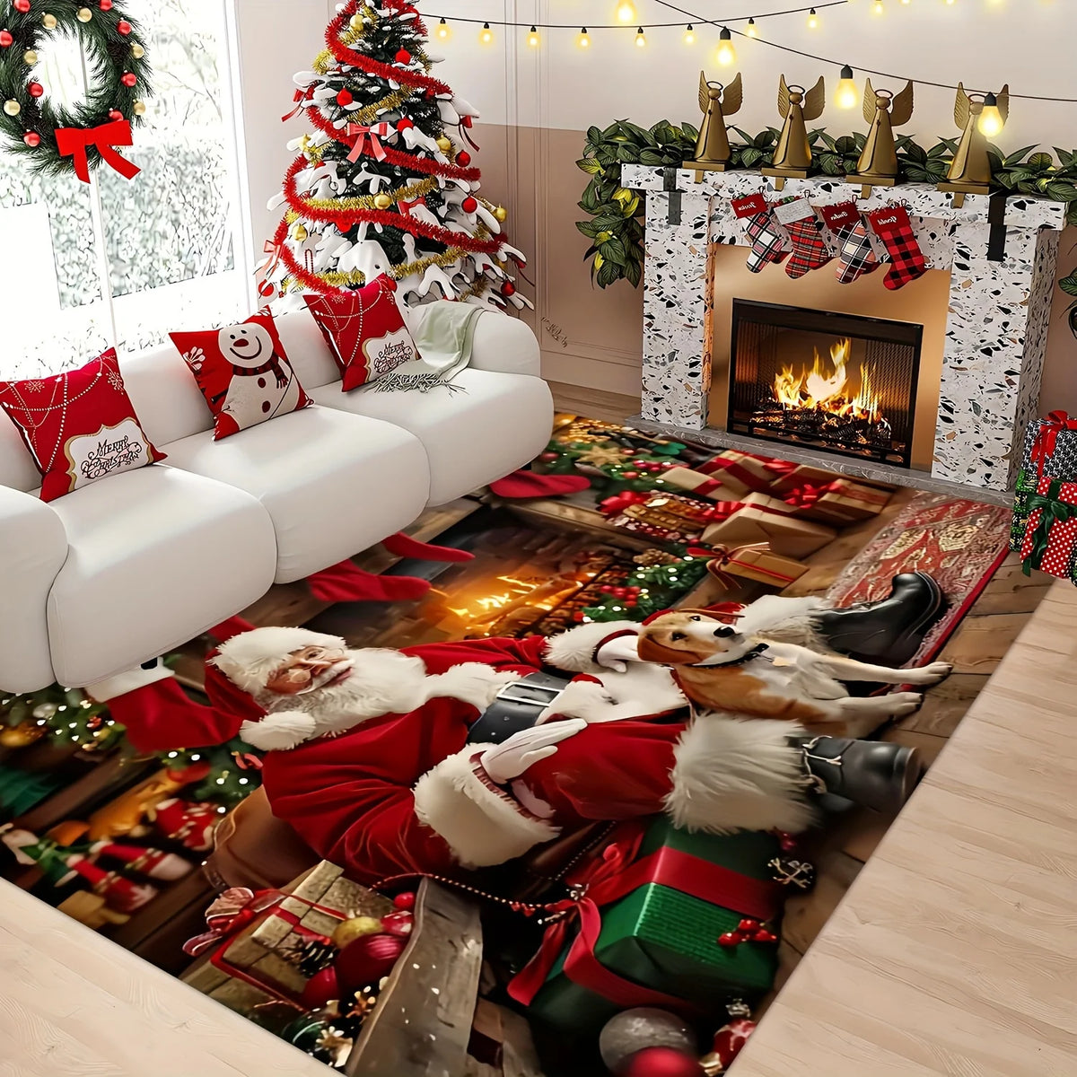 Paillasson de Noël Père Noël antidérapant posé dans une entrée décorée