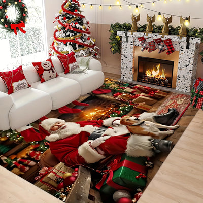 Paillasson de Noël Père Noël antidérapant posé dans une entrée décorée