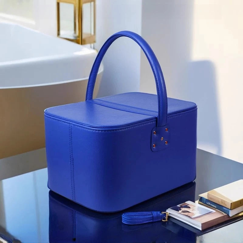 boîte maquillage simili cuir rouge marron noir bleu classique poignée portable organisateur utilitaire