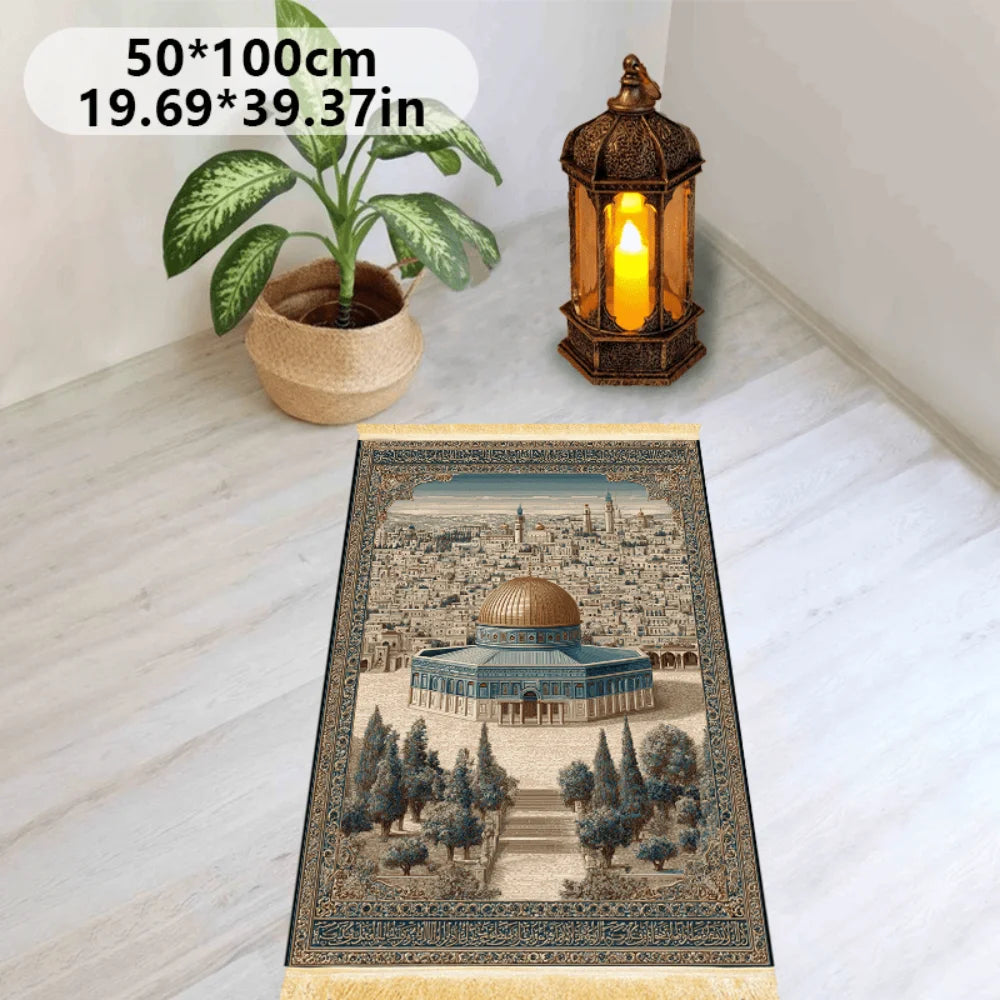 tapis bleu beige doré motif architectural rétro résistant lavage main machine usage multipleextérieurporte İslam