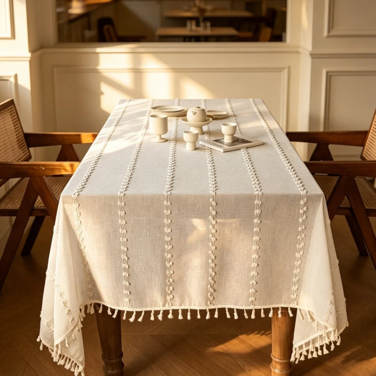 nappe beige clair rayées franges rustique boho chic table salle manger polyester machine