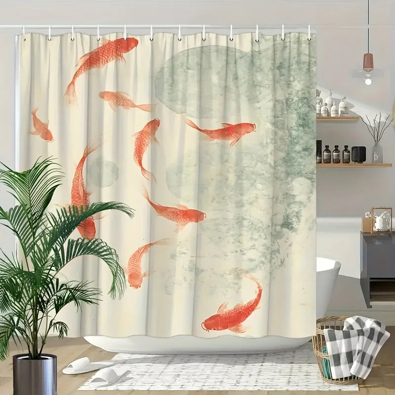 rideau douche moderne poissons rouges abstrait 12 anneaux plastique blanc opaque artistique