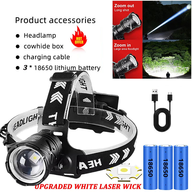 lampe frontale led noire rechargeable zoomable cordon rayures blancs moderne camping pêche