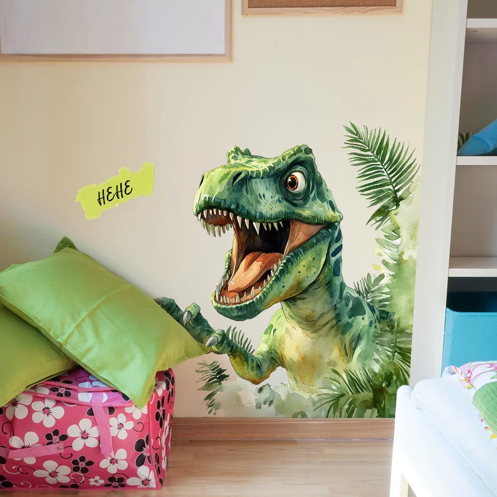 autocollant mural dinosaure dessin animé feuilles vert jaune blanc chambre enfants décoration maison adhesive