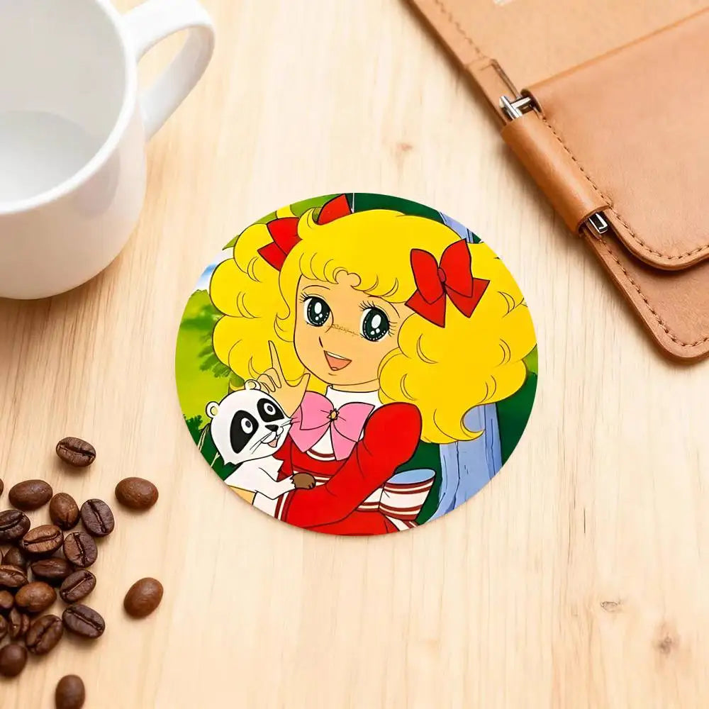 sous verres ronds fibre bambou multicolores illustration fille accessoires colorés dessin animé
