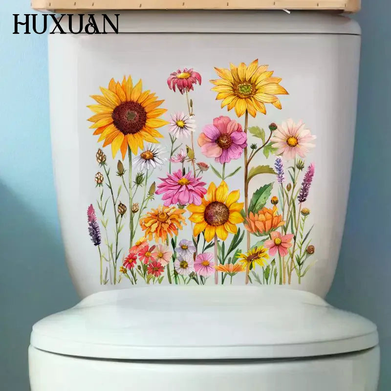 stickers decoratifs art floral fleurs tournesols dahlias feuillage multicolore moderne pvc opaque deco wc