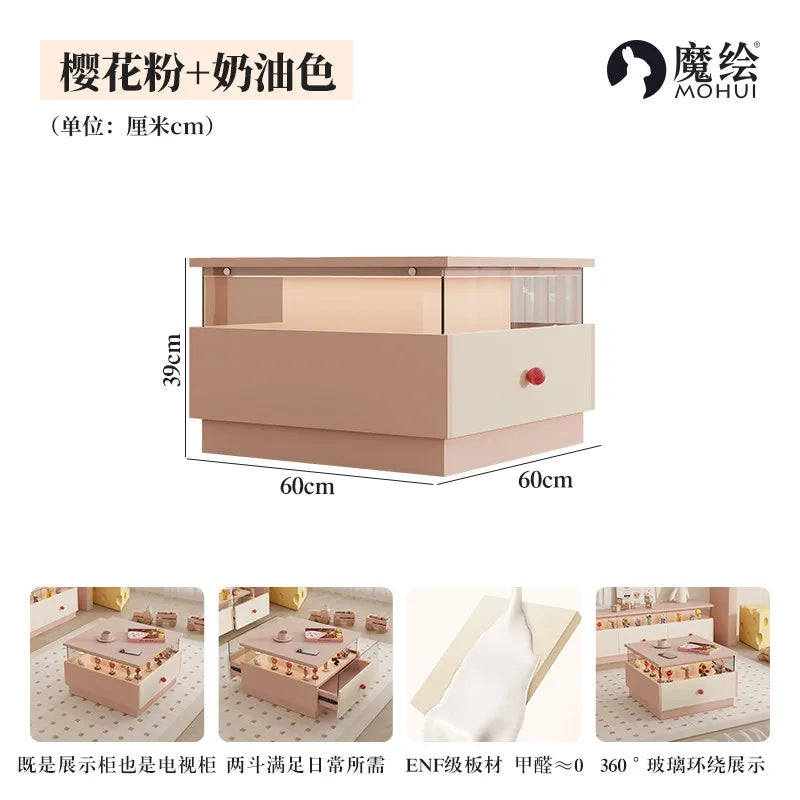meuble tv moderne rose clair blanc tiroirs vitrés figurines décoratives table basse ludique enfants