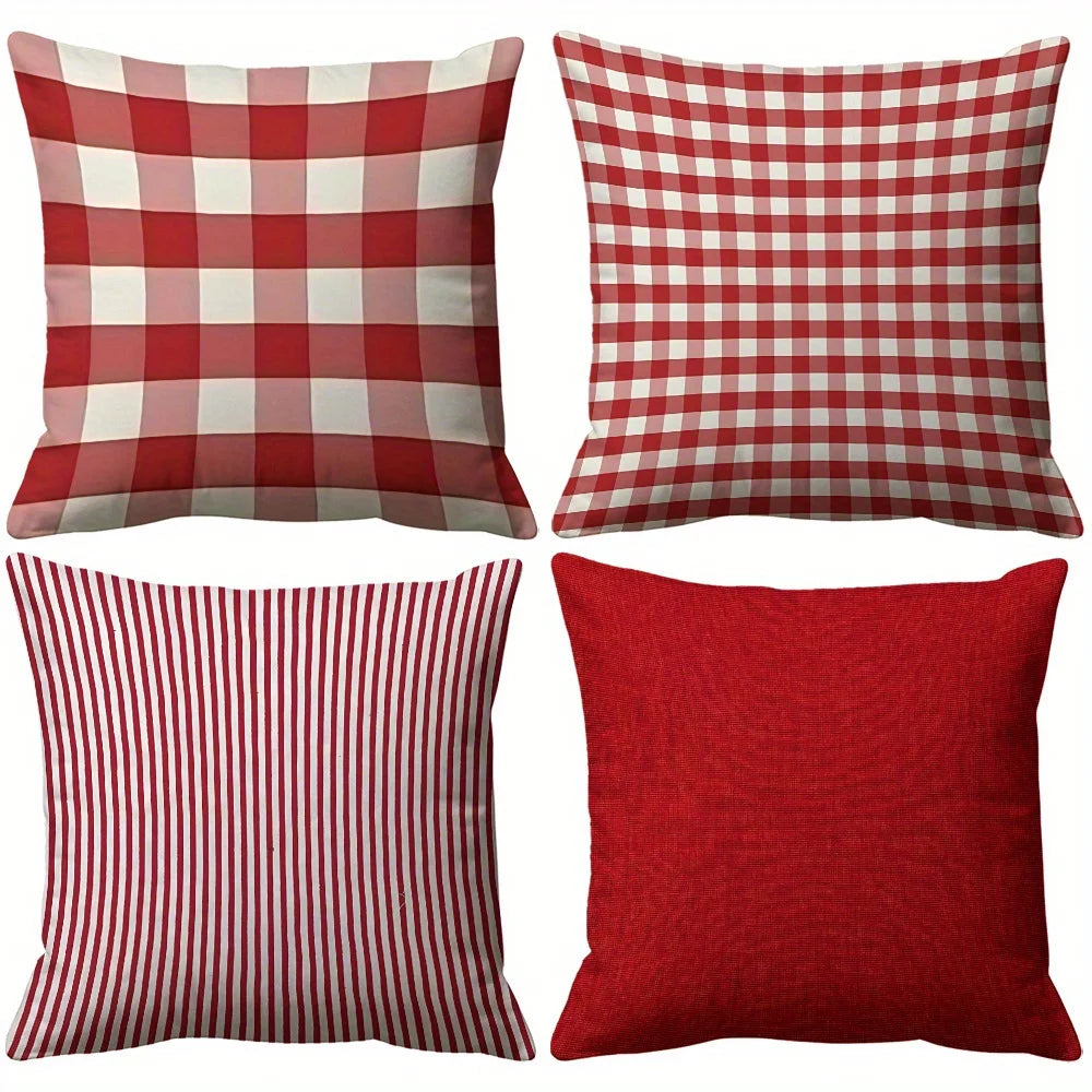 coussins rouge blanc carreaux rustique décoration hiver noël polyester fixations