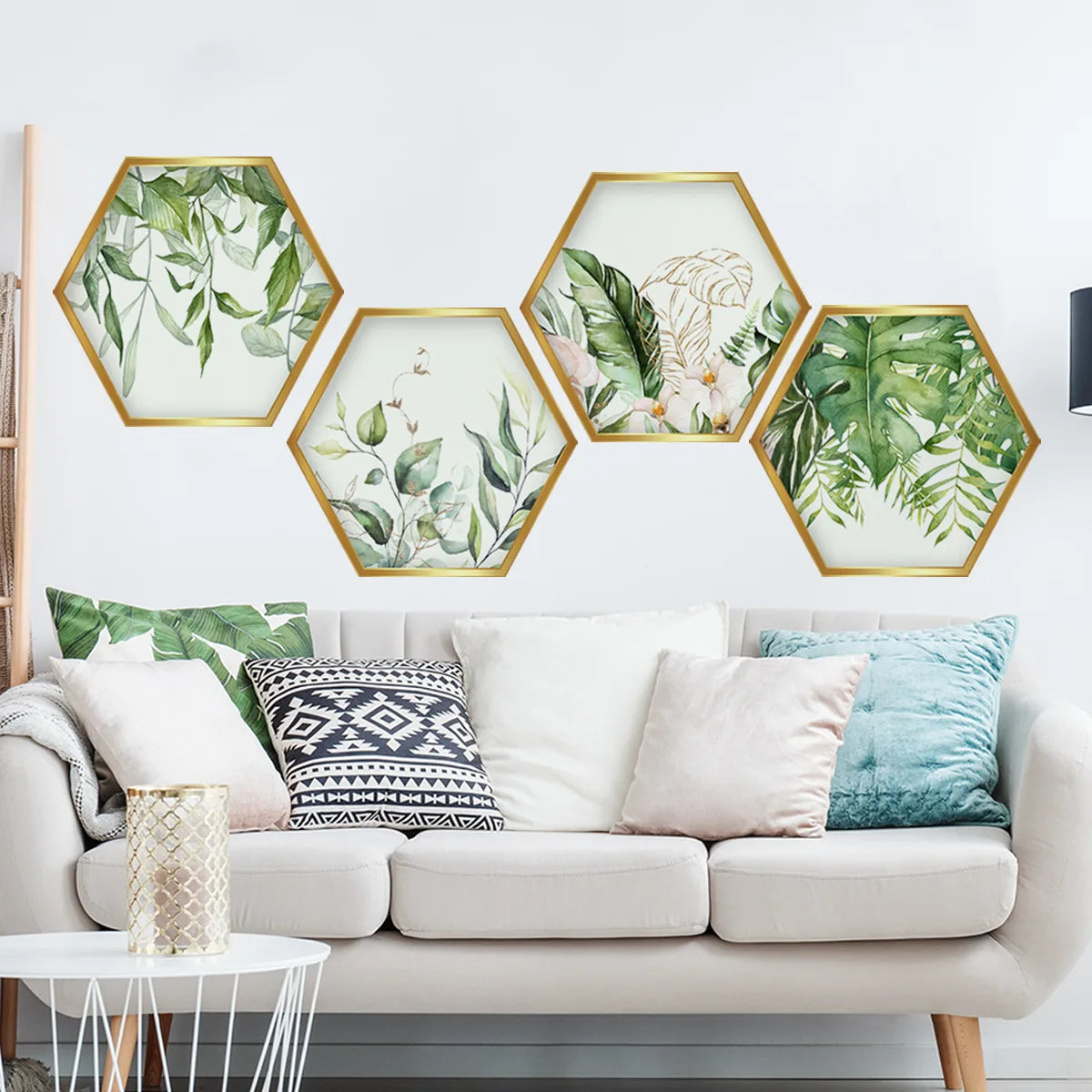 cadres hexagonaux adhésifs feuilles tropicales fleurs modernes or vert blanc chambre salon decoration