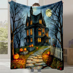 Une maison hantée dans un décor d'automne avec un chemin de pierres, des citrouilles et une lune pleine dans un ciel sombre.