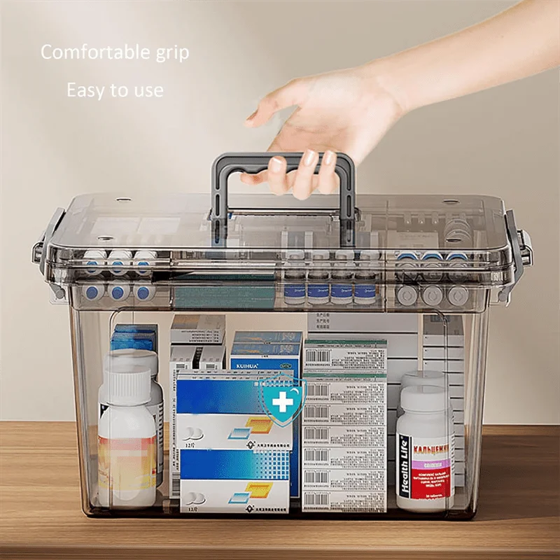 boîte rangement médicaments transparente moderne compartiments multiples poignée imperméable chambre coucher trousseau premiers soins