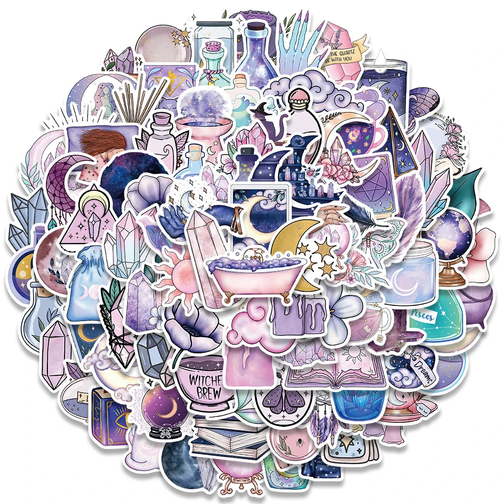 stickers illustratifs fantastiques lune cristaux potions chats violet rose blanc noir
