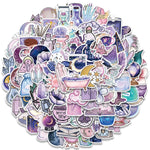 stickers illustratifs fantastiques lune cristaux potions chats violet rose blanc noir