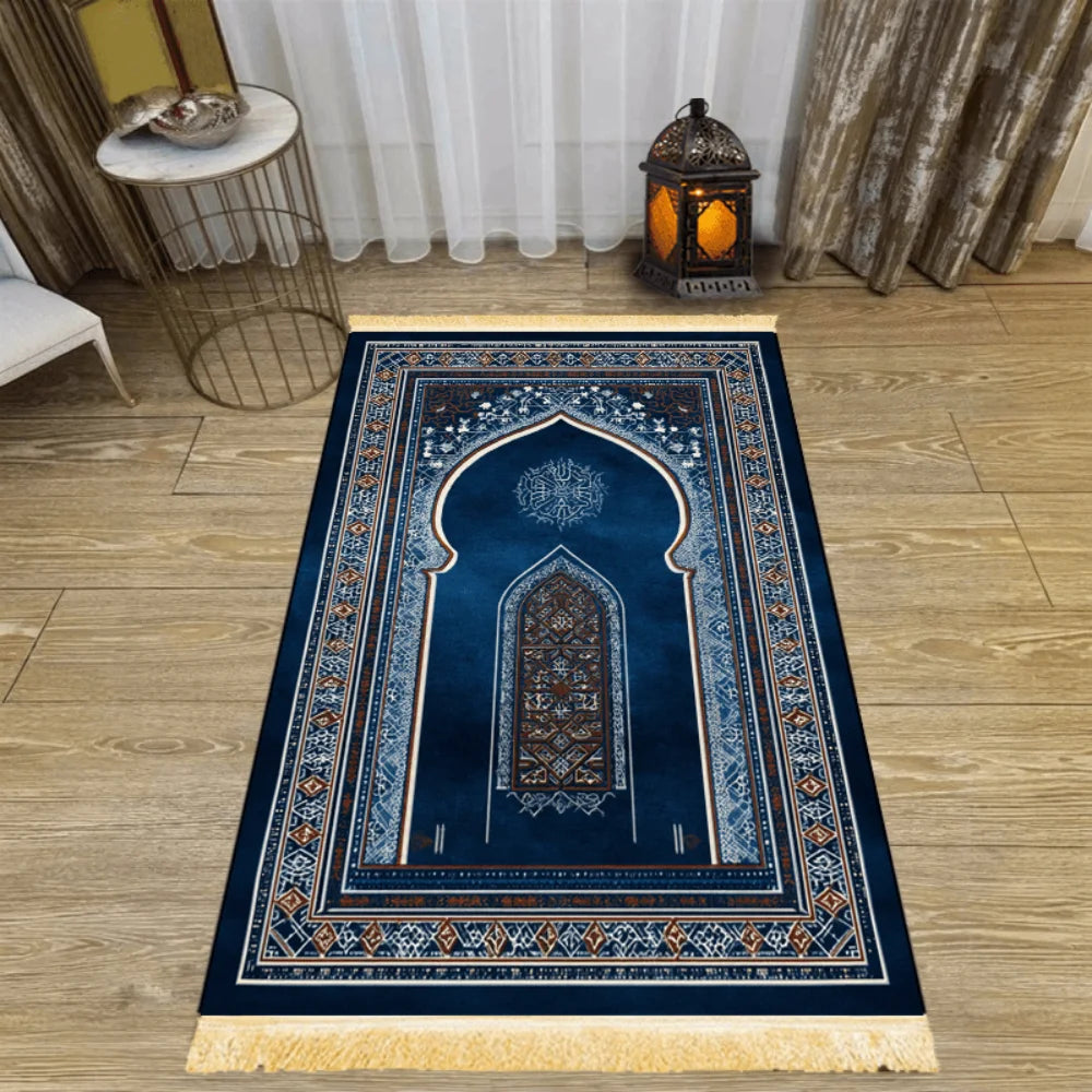 tapis géométrique bleu or artisanal polyester antidérapant imperméable résistant décoration maison İslam prière voyage