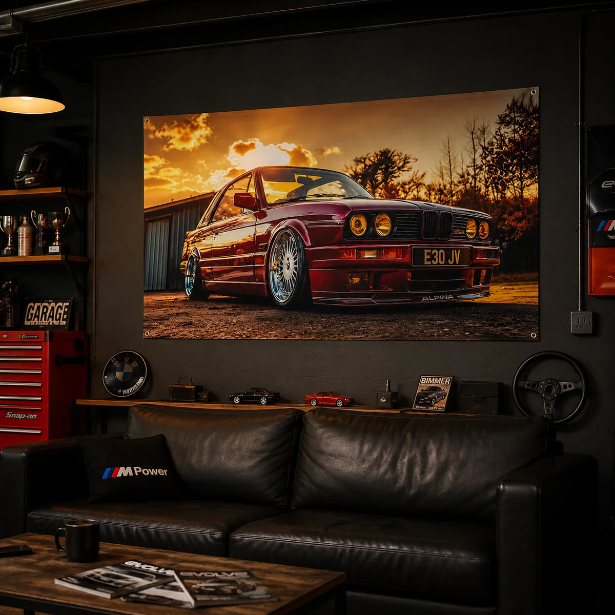 poster voiture bmw e30 coucher soleil décoration murale salon photo réaliste cadre rouge